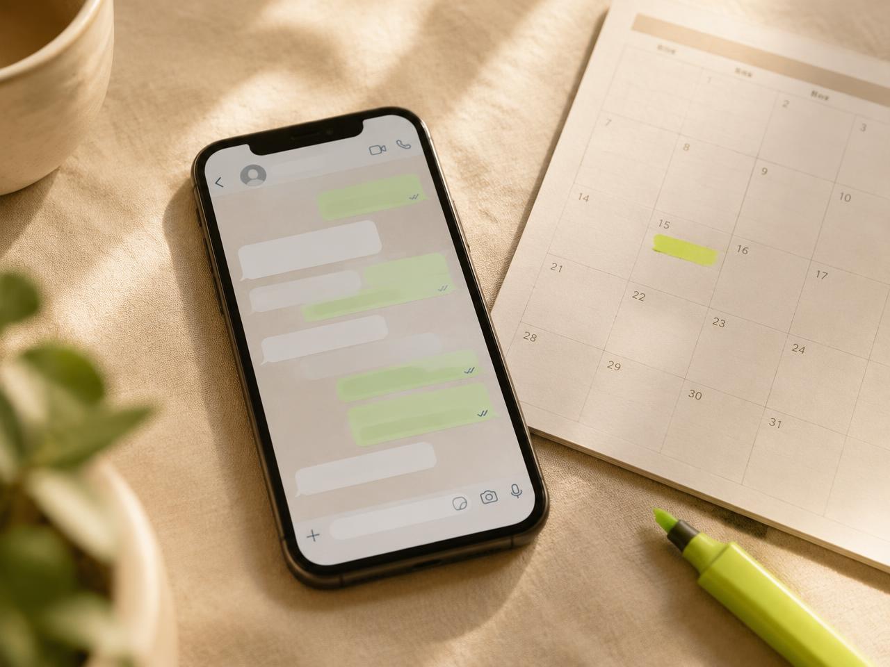Celular com conversa de WhatsApp ao lado de uma agenda